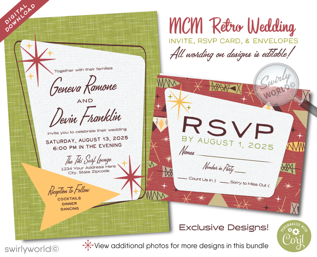 Step back in time and embrace the playful spirit of the 1960s with our Tiki Surf-themed Mad Men style wedding invitations. Perfect for couples who adore the mid-century modern aesthetic, this digital download set captures the essence of the era with its dynamic blend of atomic starbursts, whimsical amoeba shapes, and striking geometric patterns.