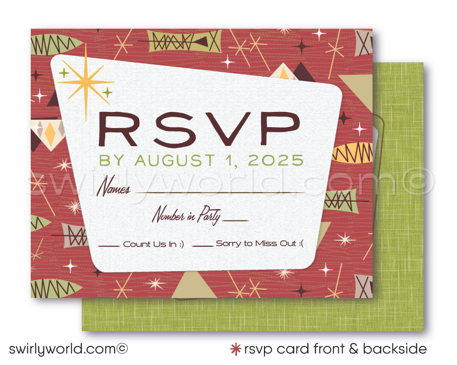 Step back in time and embrace the playful spirit of the 1960s with our Tiki Surf-themed Mad Men style wedding invitations. Perfect for couples who adore the mid-century modern aesthetic, this digital download set captures the essence of the era with its dynamic blend of atomic starbursts, whimsical amoeba shapes, and striking geometric patterns.