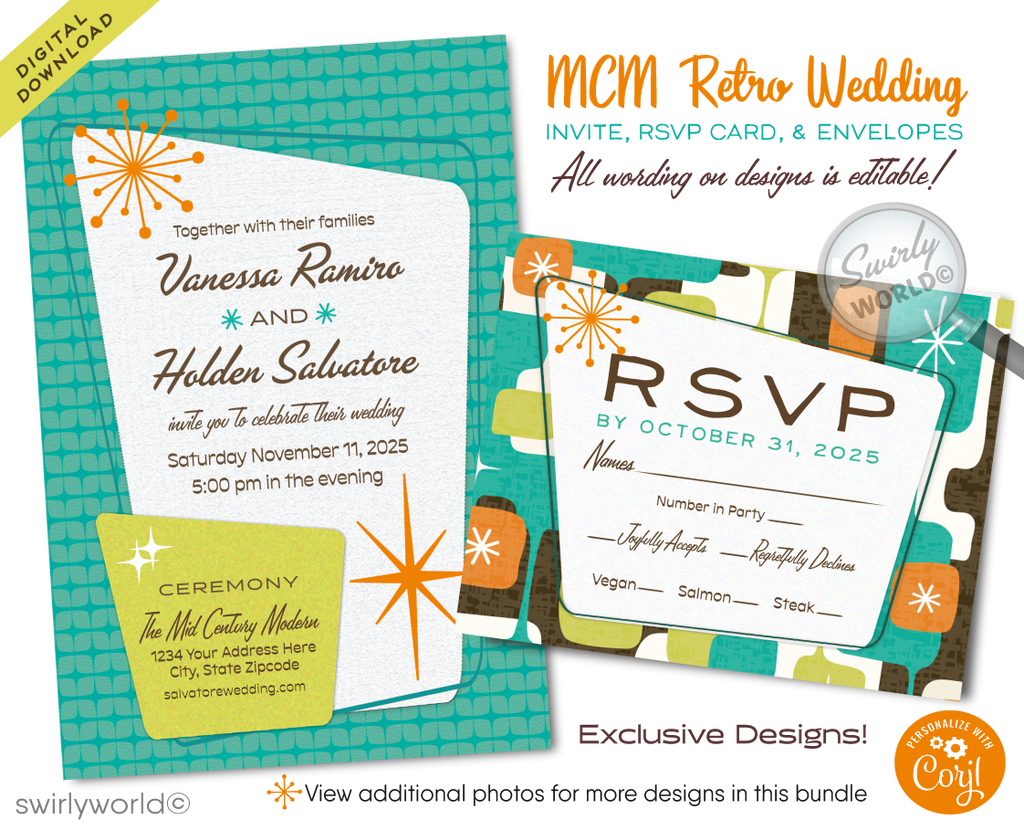 Retro Atomic Mid-Century Modern Wedding Invitation and RSVP Card Digital Download