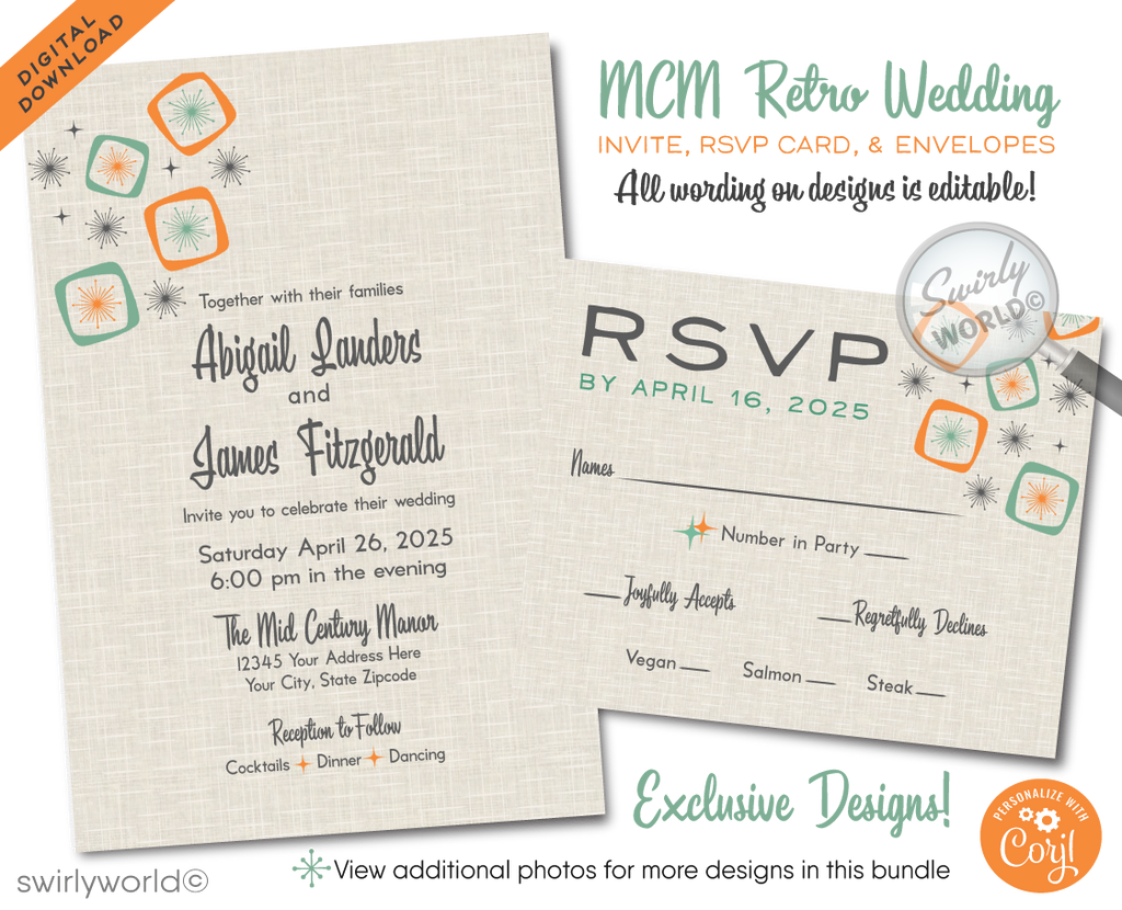 Dive into the charm of yesteryears with our "Mad Men" inspired Atomic Mid-Century Modern Wedding Invitation Set, meticulously crafted for couples who revel in the classic MCM design. This digital set captures the polished essence of the 1950s-1960s mid-century era, blending a sleek Palm Springs aesthetic with bold atomic-style starburst patterns and amoeba shapes in a vibrant palette of orange, aqua, charcoal gray, and tan.