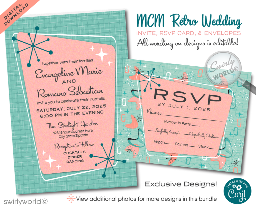 Immerse yourselves in the elegance of the past with our Atomic Powder Pink and Blue Wedding Invitation Set, crafted specifically for couples who adore the classic Mad Men style. This digital download embodies the refined allure of the 1950s-1960s mid-century modern period, merging a chic Palm Springs aesthetic with striking atomic-style starburst motifs, amoeba shapes, and boomerangs in iconic midmod colors.