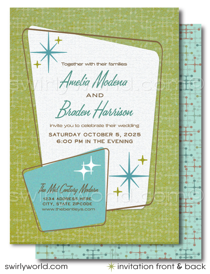 Introducing our Chic 1950s-1960s Mid-Century Modern Wedding Set! Step into the elegance of the mid-century iconic era with our sleek and stylish digital download wedding invitation set. Inspired by the iconic Palm Springs mid-century modern aesthetic, this set features atomic-style starburst motifs and cross stitch patterns, in retro green and blue hues, that evoke the essence of the era.