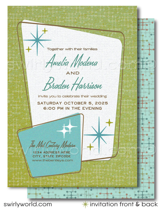 Introducing our Chic 1950s-1960s Mid-Century Modern Wedding Set! Step into the elegance of the mid-century iconic era with our sleek and stylish digital download wedding invitation set. Inspired by the iconic Palm Springs mid-century modern aesthetic, this set features atomic-style starburst motifs and cross stitch patterns, in retro green and blue hues, that evoke the essence of the era.