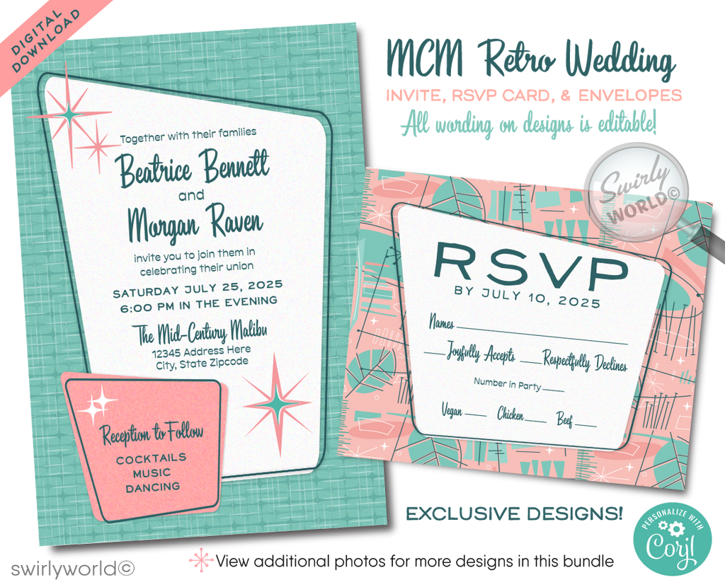 Celebrate your love with a splash of vintage flair using our Atomic Powder Pink and Blue Wedding Invitation Set, perfectly tailored for the swanky couple with a penchant for the iconic Mad Men aesthetic. This digital download captures the sophisticated charm of the 1950s-1960s mid-century modern era, blending a fashionable Palm Springs vibe with eye-catching atomic-style starburst motifs in classic midmod colors.