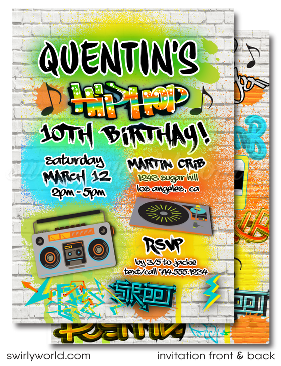Old School 80s-90s Hip-Hop Rap Graffiti Art Ghetto Blaster Printed Birthday Party Invites