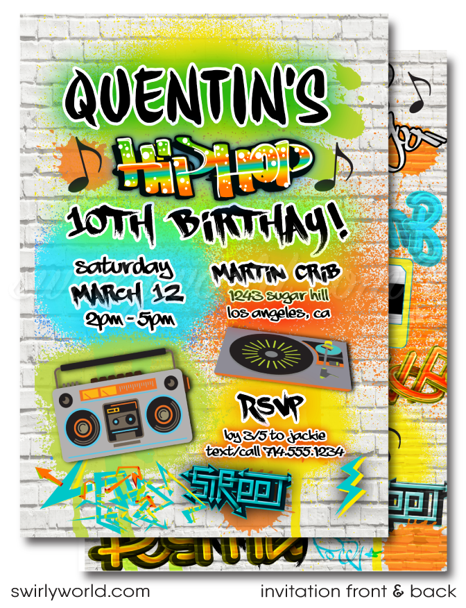 Old School 80s-90s Hip-Hop Rap Graffiti Art Ghetto Blaster Printed Birthday Party Invites