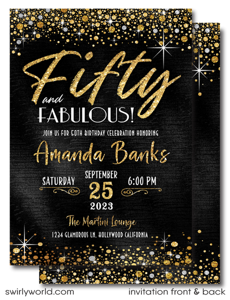 Fifty Fabulous Elegant Gold and Black 50th Digital Birthday Invitations for Women