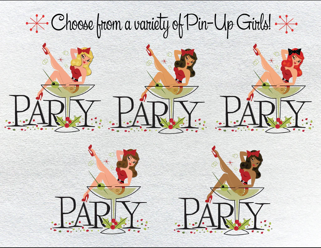 Retro 1950's Pin-up Rockabilly Girl in Martini Glass Christmas Cocktail Party Invitations