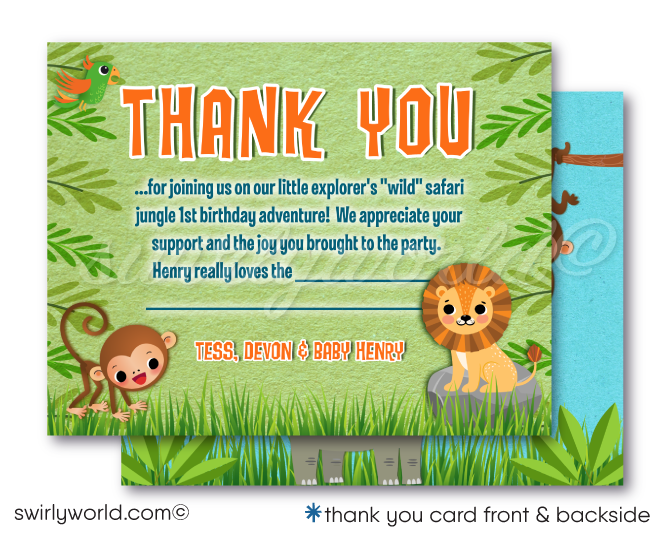 Baby Animals "Wild Thing" Welcome to the Jungle Safari 1st Birthday Invitation thank you cards