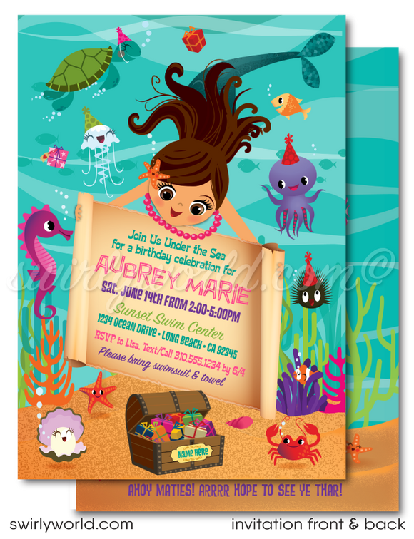 Dive deep into a world of wonder with our "Under the Sea" Mermaid-themed birthday party digital invitation download. This enchanting invitation, adorned with vibrant hues that capture the ocean's majesty, features a delightful mermaid character amidst a playful assembly of sea creatures, setting the stage for a birthday celebration filled with magic and memories..