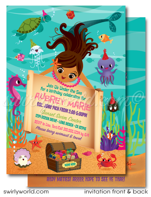 Retro Little Princess Mermaid girl "under the sea" swim aquarium ocean beach summer party invitations; digital invitation, thank yous, & envelope design.