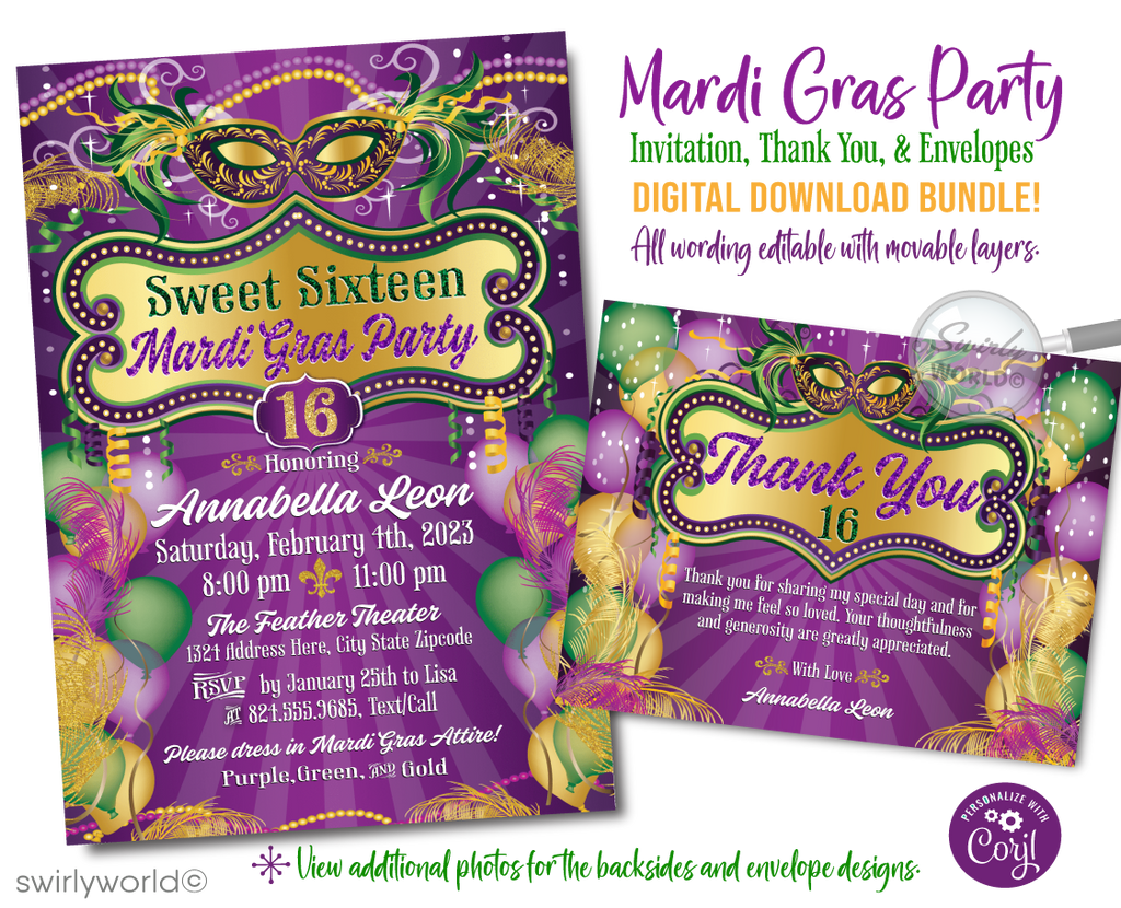 Step into a world of vibrant celebration with our New Orleans Mardi Gras Masquerade Birthday Party Invite Digital Download, perfectly crafted for a Sweet 16 that's as unforgettable as the city that inspires it. This dazzling invitation set captures the essence of Mardi Gras with a festive combination of purple, green, and gold beads, embodying the spirit and excitement of New Orleans' most iconic celebration.