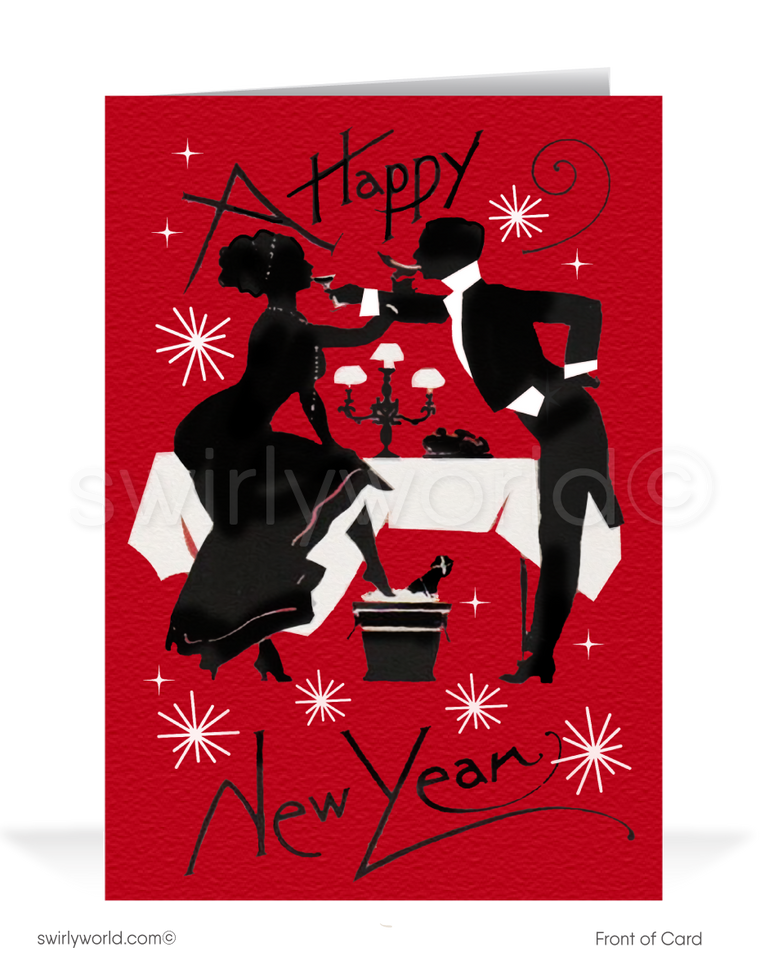 1920s-1930s Art Deco Vintage Victorian Couple Toast Happy New Year Greeting CardsIn this exquisite illustration, a chic couple sits at a formal table, their silhouettes beautifully framed against a dramatic red background. With a touch of whimsy, they ring in the New Year by toasting one another and playfully swapping cocktails