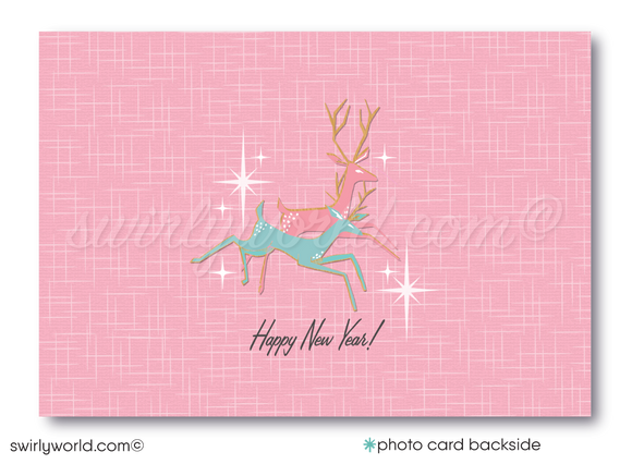 Pink and Aqua Blue Retro Atomic Modern Christmas Holiday Photo Card Digital Printable Download