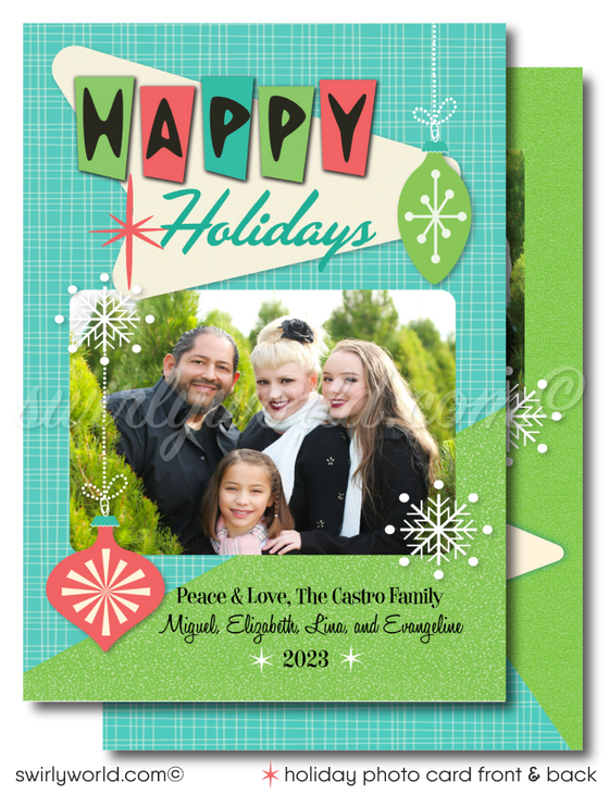 Elevate your holiday greetings with our enchanting Family Holiday Photo Card featuring a captivating 1950s vintage motif exquisitely designed on a charming MCM style background.