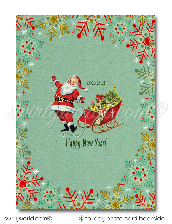 Retro Atomic Mid-Century Modern Snowflakes Christmas Holiday Family Photo Cards Printed