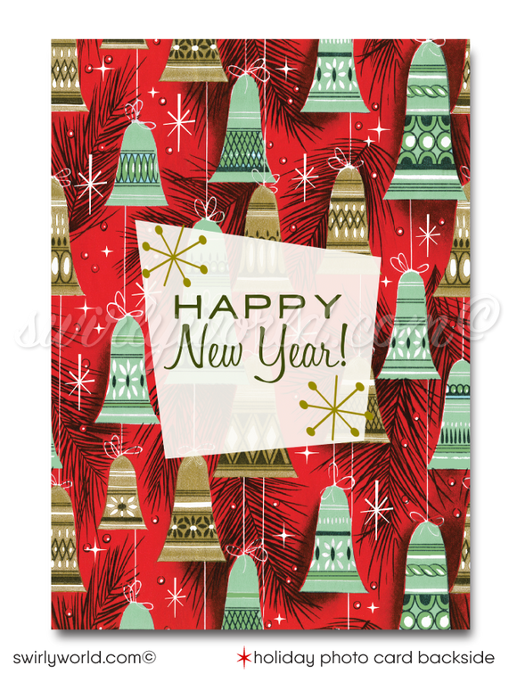 Elevate your holiday greetings with our enchanting woodland deer Family Holiday Photo Card featuring a captivating 1960s vintage motif exquisitely designed on a charming MCM style background adorned with starbursts.