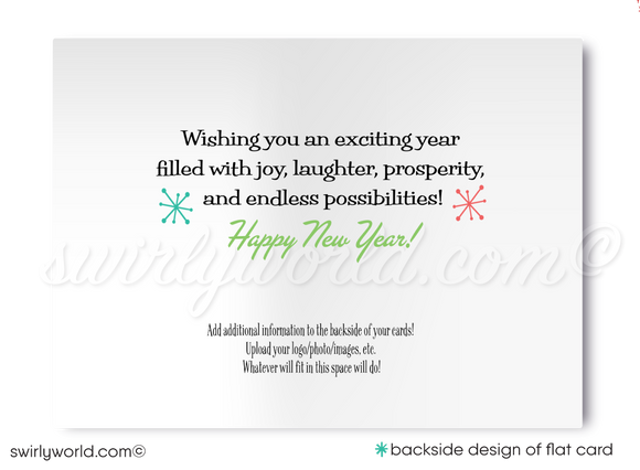 Retro Mid-Century Modern Happy New Year Card – Digital Download with Customizable MCM Boomerang Motif & Starbursts in Classic Atomic Colors