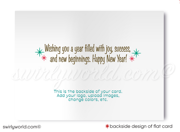 Celebrate 2025 in atomic style! Retro Mid-Century Modern Happy New Year Card with bold red typography, starbursts, and full customization via Corjl.