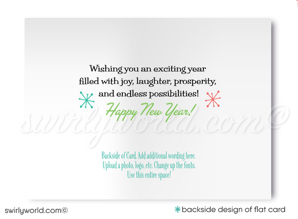 Ring in 2025 with a retro touch! Mid-Century Modern Happy New Year Card featuring MCM motifs, starbursts, and classic colors. Fully customizable via Corjl!