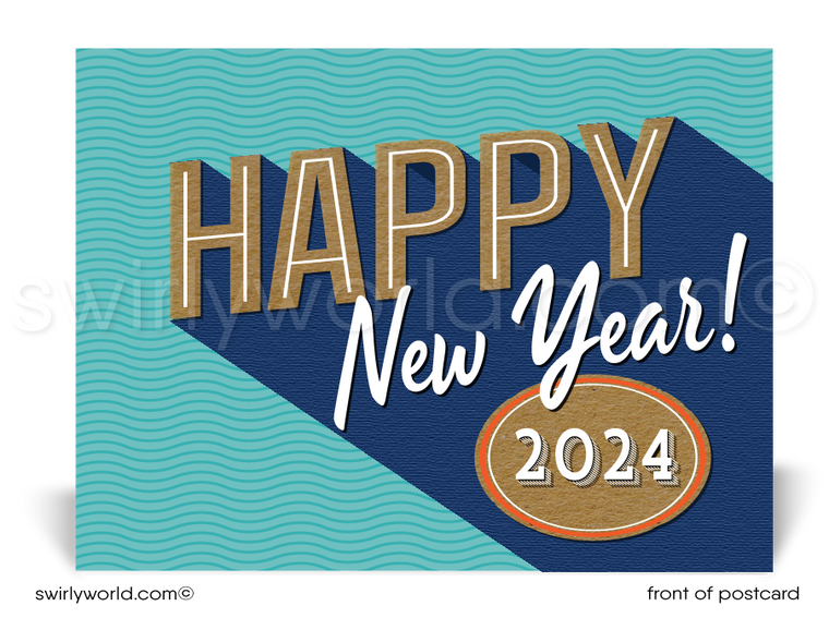 2024 Retro Modern Business Happy New Year Postcards for Clients