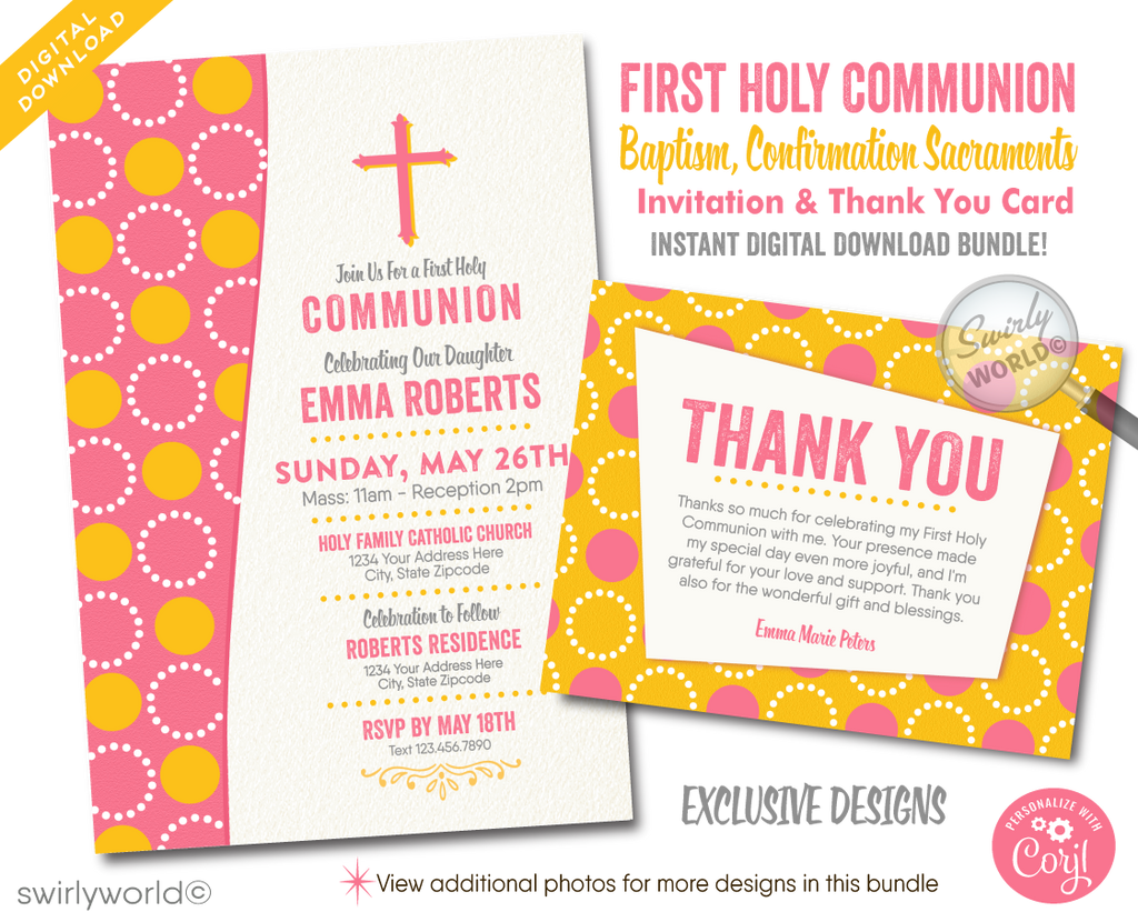Discover our Retro Mid-Century Modern Digital Invitation Set for First Holy Communion, Baptism, or Confirmation. Editable designs in pink and yellow with a geometric circle pattern and unique vintage typography. Add a personal touch with a photo of your daughter on the back! Perfect for your girl's special celebration.