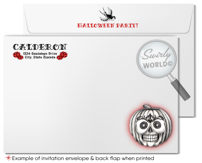 Punk Rock Rockabilly Sugar Skull Dia de los Muertos Halloween Party Printed Invitations