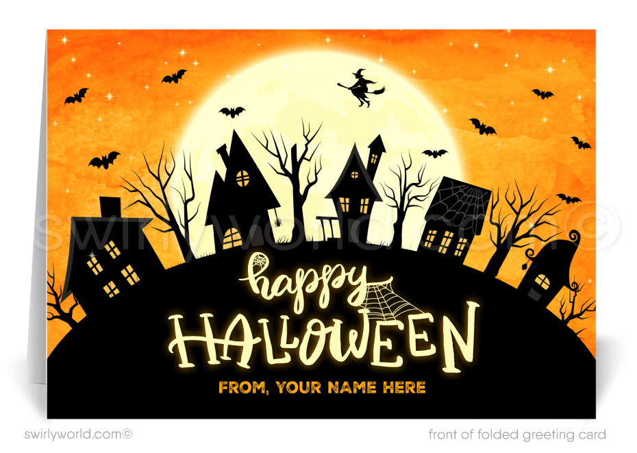 Cute Halloween Decorated houses Printed Happy Halloween Greeting Cards for Clients from Neighborhood Realtor®