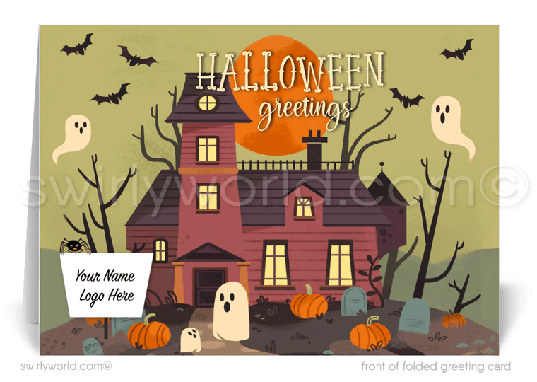 Non-Scary Haunted House Happy Halloween Cards for Client from Neighborhood Realtor®