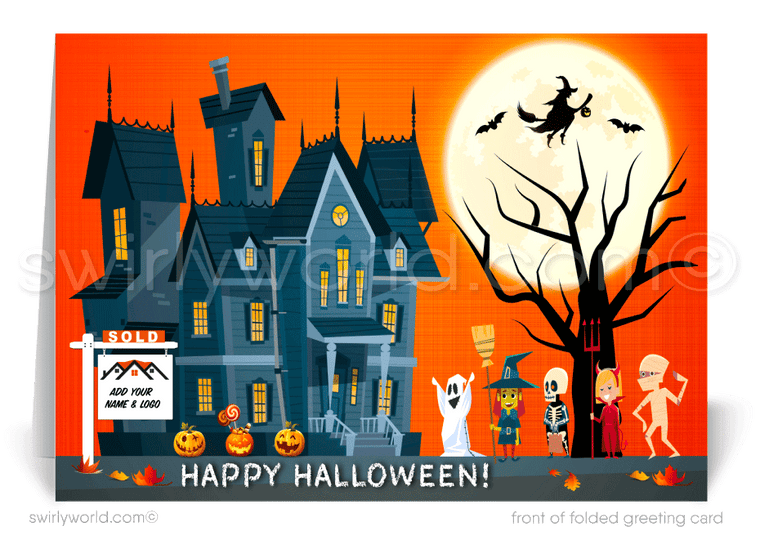 Cute Haunted House Trick or Treat Printed Halloween Cards from your Neighborhood Realtor®