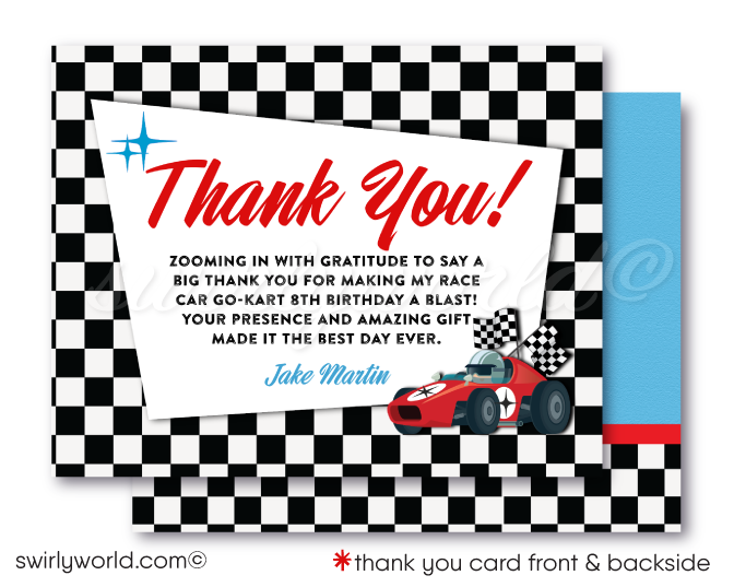 Retro Red Race Car Retro Drag Racer Checkered Flags Boy's Birthday Printed thank you card Invite Set