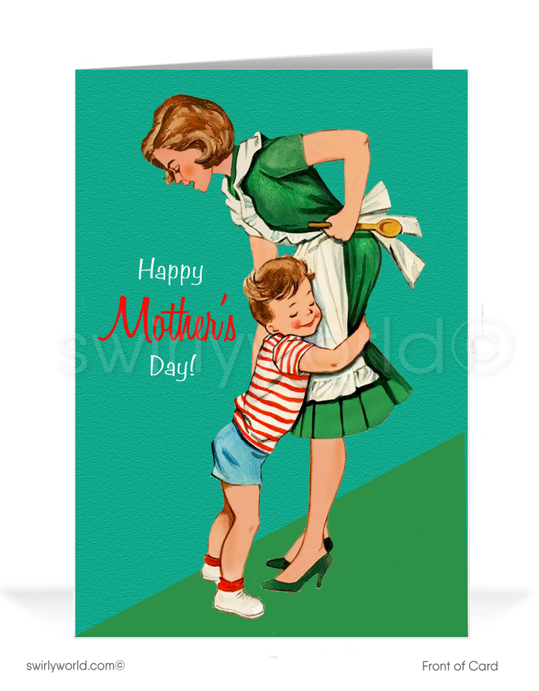 Celebrate Mother's Day with a touch of nostalgia with our exclusive greeting card, designed to convey your heartfelt appreciation in style. This card features a charming 1940s-1950s vintage illustration of a mother with her child lovingly embracing her bursting with adoring love and appreciation.