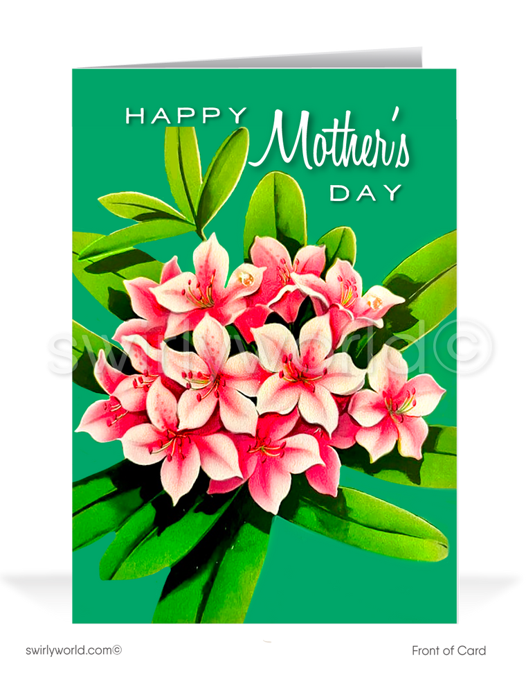 Celebrate Mother's Day with a touch of nostalgia with our exclusive greeting card, designed to convey your heartfelt appreciation in style. This card features a charming 1940s-1950s vintage illustration of a radiant tropical pink floral arrangement with a vibrant blue and green background.