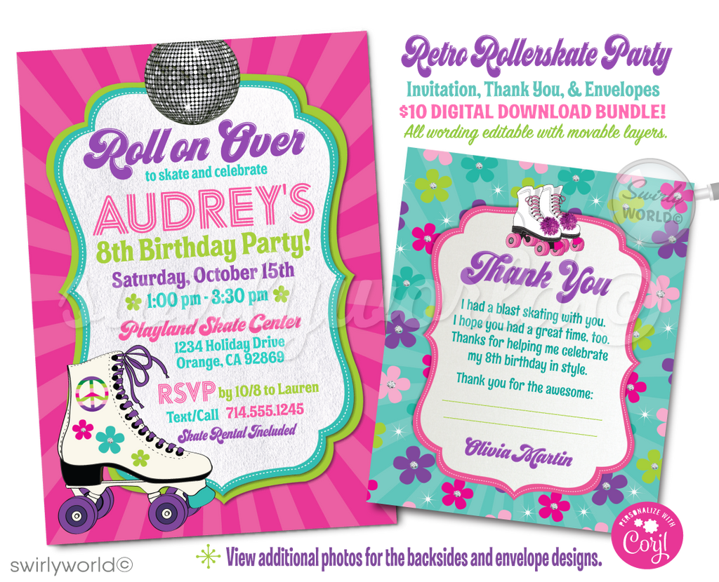 Lace up your skates and get ready to groove at the roller rink with our Retro 70's Flower Child Pink Rainbow Digital Download Invitation Set. This dazzling invitation suite is your all-access pass to a disco roller-skating birthday party that's bursting with style and nostalgia.