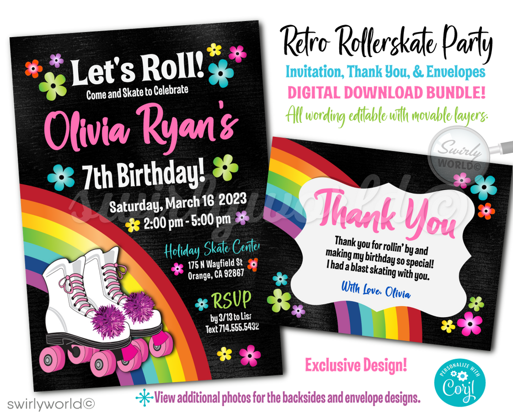 Glide back in time to the groovy era with our Retro Flower Power 60s-70s Style Roller Rink Birthday Digital Invite. This stylish invitation set is the perfect way to kickstart a roller-skating birthday party that's filled with fun, flair, and a splash of nostalgia. Featuring a vibrant roller-rink invitation.