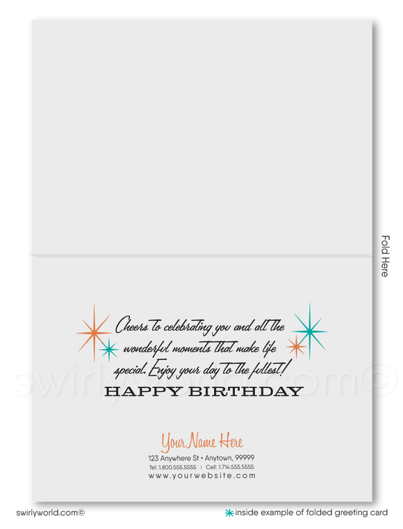 Celebrate your clients' special day with our unique 1950s retro mid-century modern Happy Birthday card. Featuring an aqua blue and orange color palette, retro-style lettering, and atomic starbursts on a diamond-shaped background. Available as folded or flat cards, printed on thick card stock with matching envelopes. Upgrade to customized envelopes with your logo for a professional touch.