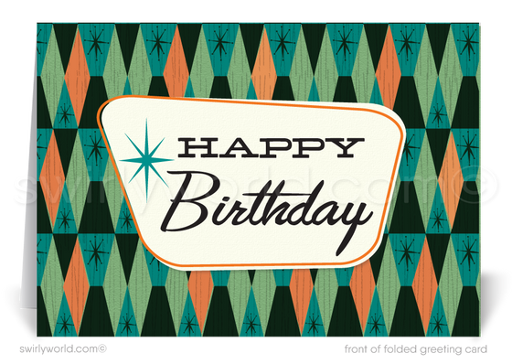 Celebrate your clients' special day with our unique 1950s retro mid-century modern Happy Birthday card. Featuring an aqua blue and orange color palette, retro-style lettering, and atomic starbursts on a diamond-shaped background. Available as folded or flat cards, printed on thick card stock with matching envelopes. Upgrade to customized envelopes with your logo for a professional touch.