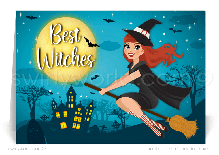 Retro Bewitched Cute Witch on Broom Printed Halloween Cards for Clients