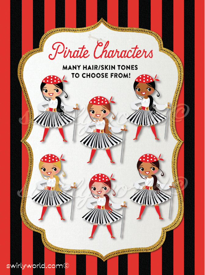 Princess Pirate Captain Girl Ocean Nautical Treasure Birthday Party Invitations