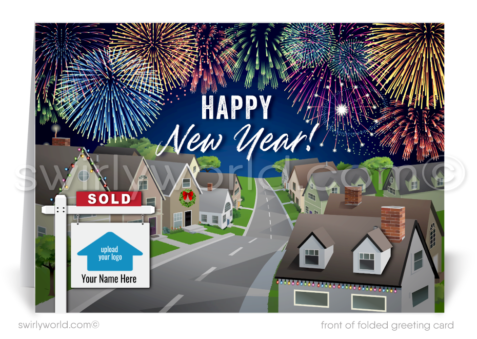Happy New Year greeting card that features houses with fireworks and a realtor sign post with logo area. 