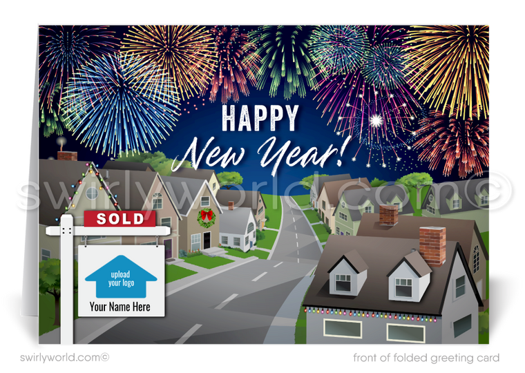Happy New Year greeting card that features houses with fireworks and a realtor sign post with logo area. 