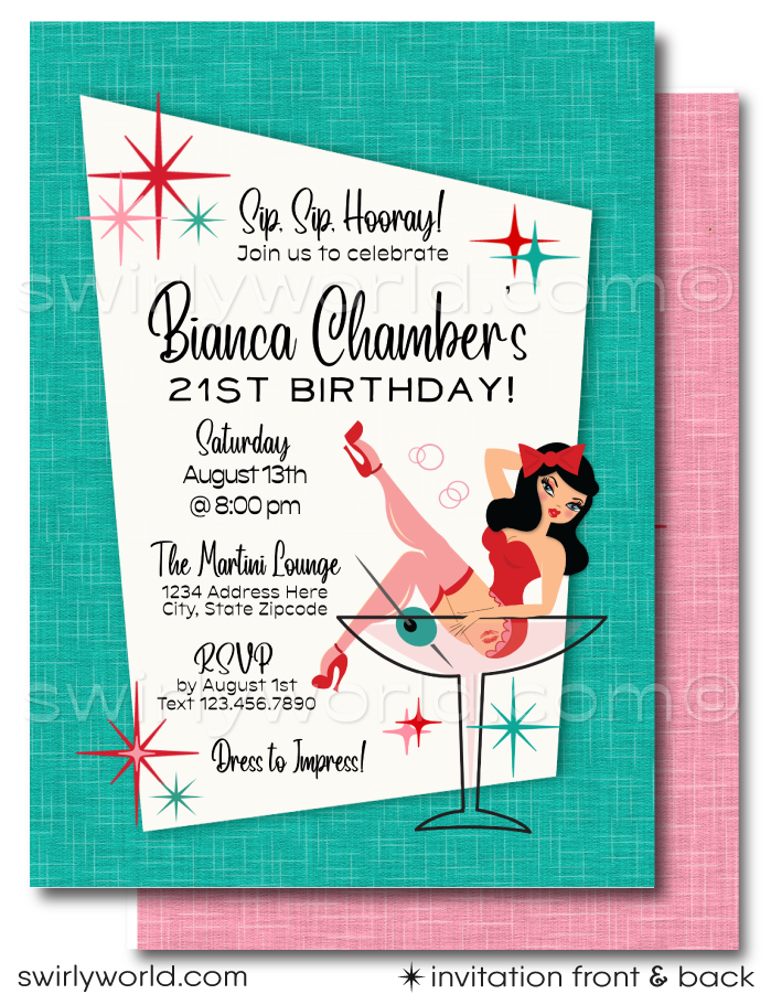 Step into the vibrant world of mid-century modern retro glamour with our Rockabilly Pinup Girl in a Martini Glass-themed birthday invitation and thank you card set. Perfect for those with a deep appreciation for the iconic Rockabilly style, this set promises to start your celebration on a note of vintage chic and undeniable flair.