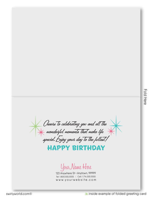 Celebrate your clients' special day with our 1950s retro mid-century modern Happy Birthday card. Featuring an aqua blue, pink, and green color palette, retro-style lettering, and atomic starbursts on a boomerang amoeba-shaped background. Available as folded or flat cards, printed on thick card stock with matching envelopes. Upgrade to customized envelopes with your logo for a professional touch.