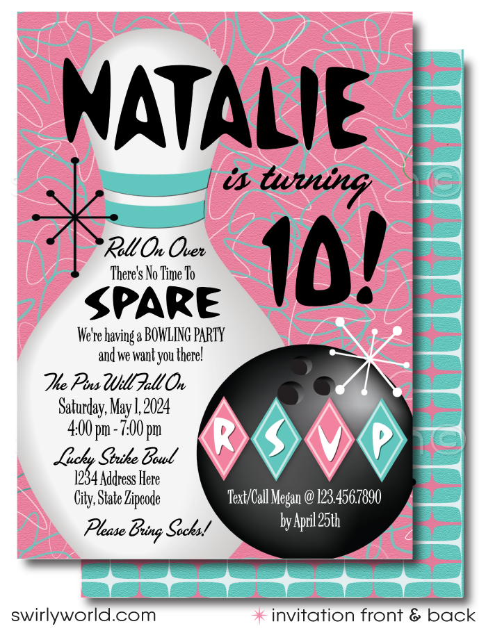 Get ready to bowl your guests over with our Atomic Pink and Aqua Blue Retro 1950s "10 Pin" Bowling Alley Themed Printed Birthday Party Invitation Set. This design suite captures the essence of the Mid-Century Modern aesthetic, featuring iconic starbursts, sputniks, and boomerang shapes with an image of a bowling ball and pin.