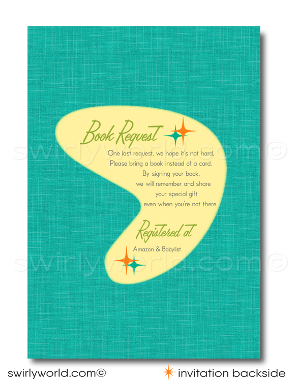 Host a memorable retro baby shower with our Vintage Mid-Century Modern Invitation Set. Features atomic starbursts, MCM mobiles, and a sleek cradle in vibrant 50s-60s colors. Customize easily on Corjl. Ideal for any retro-themed, gender-neutral celebration. Impress with a dash of vintage charm.