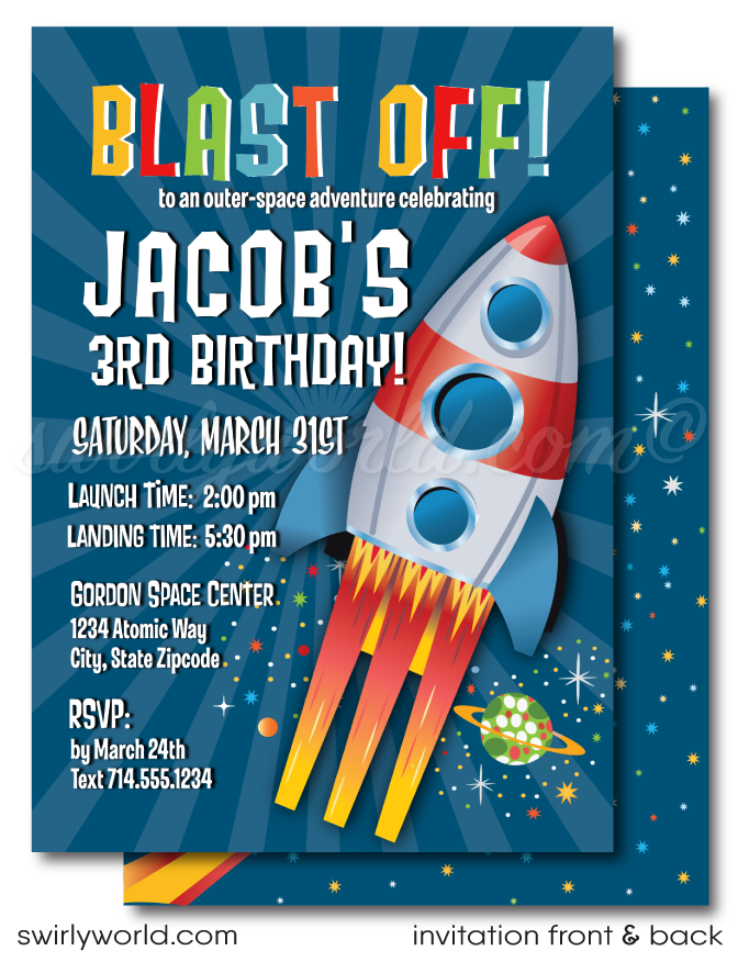 Blast off to an interstellar celebration with our Spaceman Astronaut Outer-Space Birthday Party Invitation Design Set. This cosmic collection is your ticket to a birthday party that's out of this world, featuring a design that will launch your young astronaut and their friends into the far reaches of the galaxy.