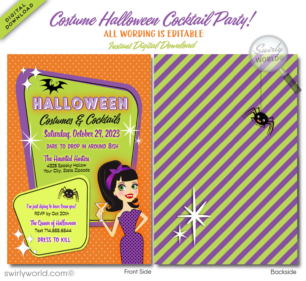 Retro Mod Rockabilly Pinup Girl Vampire Halloween Cocktail Party Invitation Digital Printable