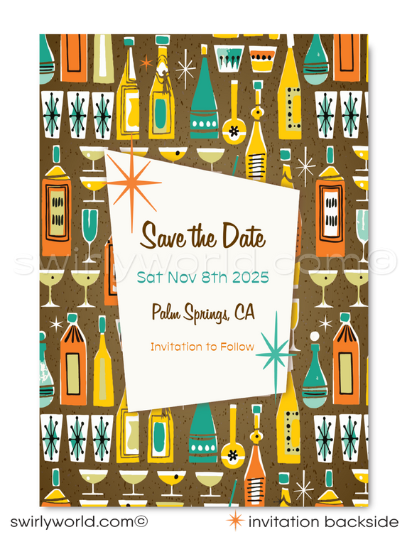 Celebrate in retro style with mid-century modern engagement invitations featuring atomic starbursts, vintage fonts, and a customizable “Madly in Love” design.