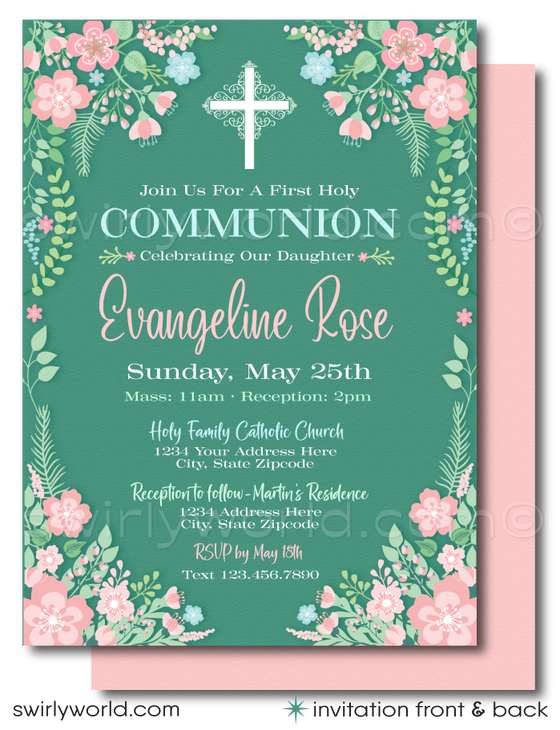 Girls' Vintage Botanical Floral 1st First Holy Communion Invitation Digital Download