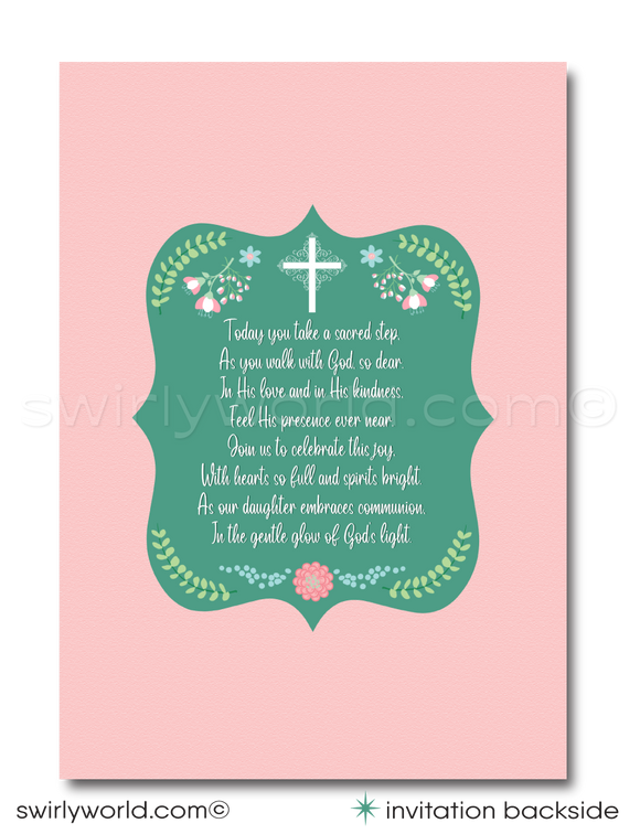 Girls' Vintage Botanical Floral 1st First Holy Communion Invitation Digital Download